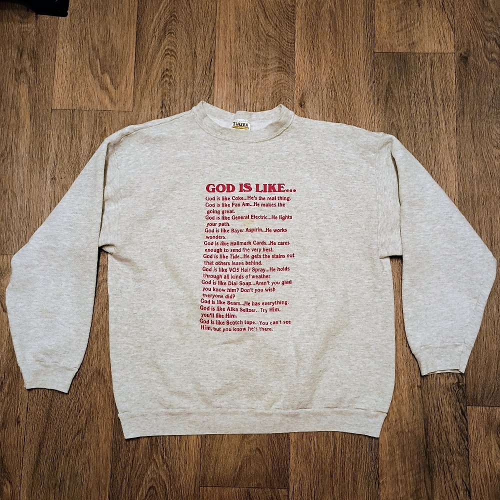 God Is... Vintage Gray Crewneck Sweatshirt with Red Text Men's Large